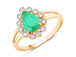 Green Zambian Emerald and White Diamond 10K Yellow Gold Teardrop Halo Ring