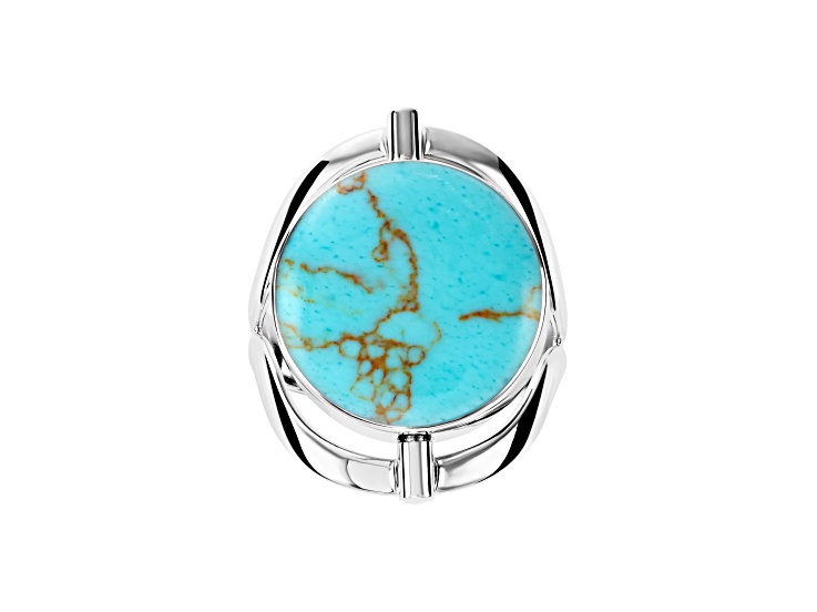 Genuine Blue Pressed Flower And Turquoise Simulant Rhodium Over Sterling Silver Flip-Style Ring