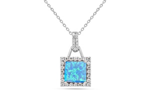 Lab Created Blue Opal and Moissanite Rhodium Over Sterling Silver Halo Pendant with Chain