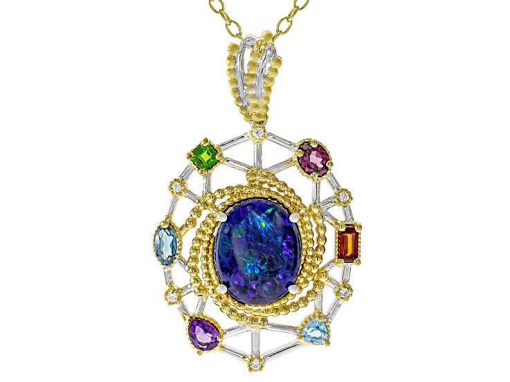 Peacock Australian Opal Triplet Rhodium/24k Gold Over Palladium Silver Pendant With Chain 0.95ctw
