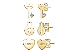 Clear Cubic Zirconia, 14K Gold Plated over Sterling Silver Stud Earring 3-Piece Set