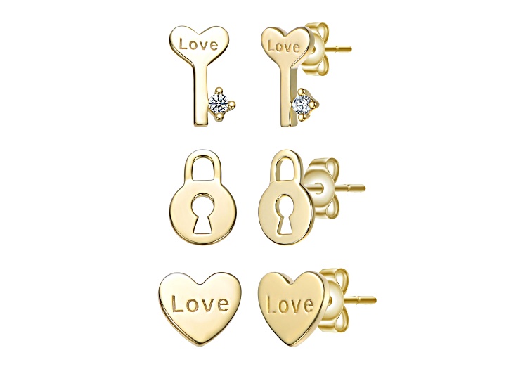 Clear Cubic Zirconia, 14K Gold Plated over Sterling Silver Stud Earring 3-Piece Set
