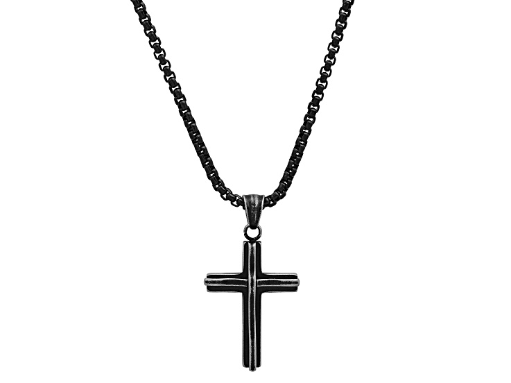 Men's Black Ion-Plated Stainless Steel Cross Pendant With Chain