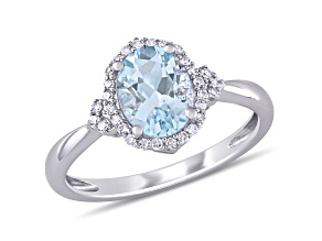 Aquamarine and Diamond 10K White Gold Halo Ring 1.13ctw
