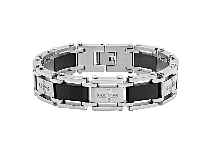 0.25ctw Diamond Two Tone Black and White Stainless Steel Cross Link Bracelet