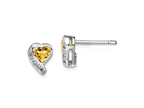 Sterling Silver Rhodium-plated Citrine and Diamond Heart Earrings