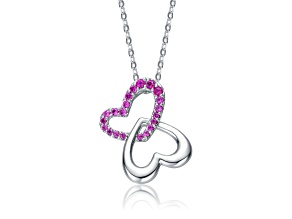 Red Cubic Zirconia, Rhodium Plated over Sterling Silver Double Heart Butterfly Pendant Necklace