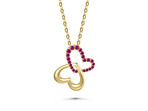 Red Cubic Zirconia, 14K Gold Plated over Sterling Silver Double Heart Butterfly Pendant Necklace