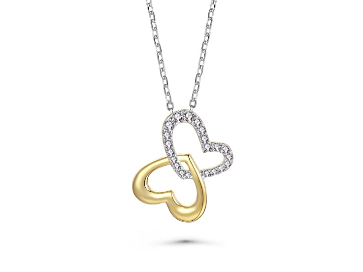 Clear Cubic Zirconia, 14K Gold Plated over Sterling Silver Double Heart Butterfly Pendant Necklace