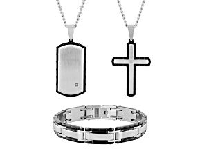 Diamond Accent Two-Tone Stainless Steel Dog Tag, Cross Pendant, & Bracelet Set