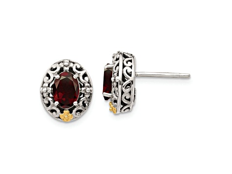 Sterling Silver with 14K Accent Antiqued Garnet Post Earrings
