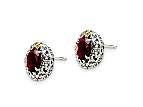 Sterling Silver with 14K Accent Antiqued Garnet Post Earrings