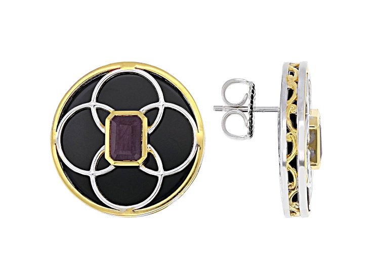 Red Ruby, Black Onyx Rhodium & 24k Yellow Gold Over Palladium Sterling Silver Stud Earrings 1.00ctw