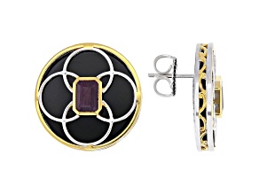 Red Ruby, Black Onyx Rhodium & 24k Yellow Gold Over Palladium Sterling Silver Stud Earrings 1.00ctw