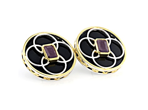 Red Ruby, Black Onyx Rhodium & 24k Yellow Gold Over Palladium Sterling Silver Stud Earrings 1.00ctw