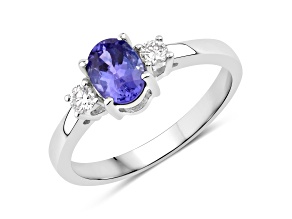 Violet Blue Tanzanite and Lab Grown Diamond Rhodium Over Silver 3 Stone Ring 0.87ctw