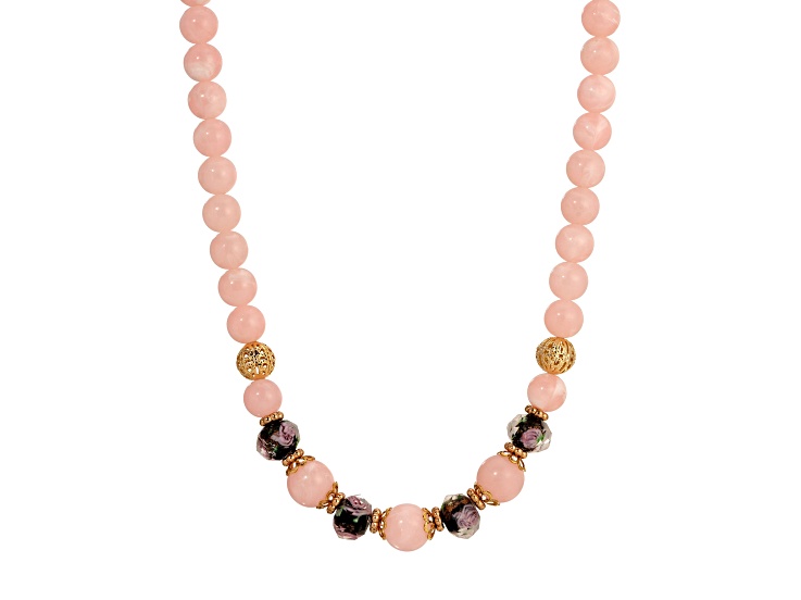 Yellow Base Metal Pink Faux Pearl & Multi Color Beads Necklace 15 inch Adj.