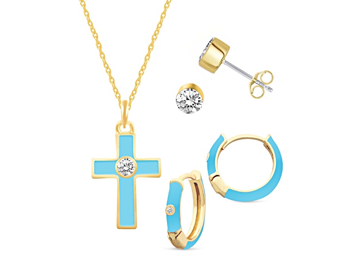 White Crystal and Blue Enamel Brass Jewelry Set- Huggies, Studs, Pendant w/17 Inch Chain+ 2 in Ext