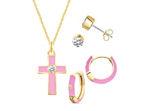White Crystal and Pink Enamel Brass Jewelry Set- Huggies, Studs, Pendant w/17 Inch Chain+ 2 in Ext