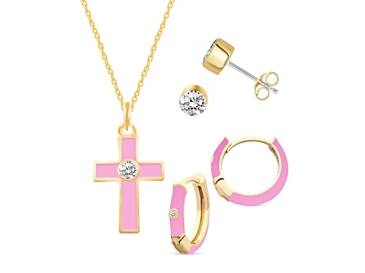 White Crystal and Pink Enamel Brass Jewelry Set- Huggies, Studs, Pendant w/17 Inch Chain+ 2 in Ext