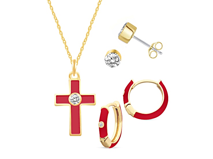 White Crystal and Red Enamel Brass Jewelry Set- Huggies, Studs, Pendant w/17 Inch Chain+ 2 in Ext