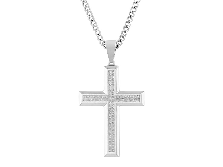 Stainless Steel and White Diamond Cross Pendant With Chain 0.50ctw