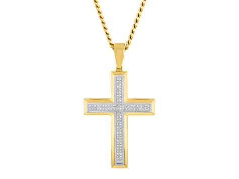 Yellow Ion-Plated Stainless Steel and White Diamond Cross Pendant With Chain 0.50ctw