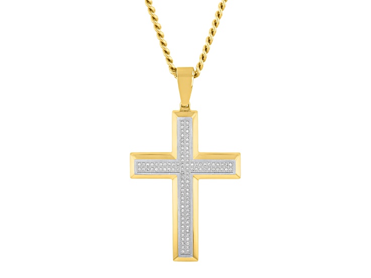 Yellow Ion-Plated Stainless Steel and White Diamond Cross Pendant With Chain 0.50ctw
