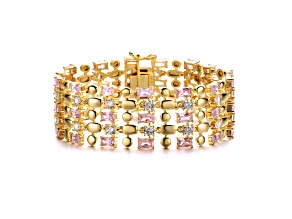 Pink Cubic Zirconia, 14K Gold Plated over Brass Wide Geometric Mesh Link Bracelet