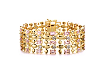 Picture of Pink Cubic Zirconia, 14K Gold Plated over Brass Wide Geometric Mesh Link Bracelet