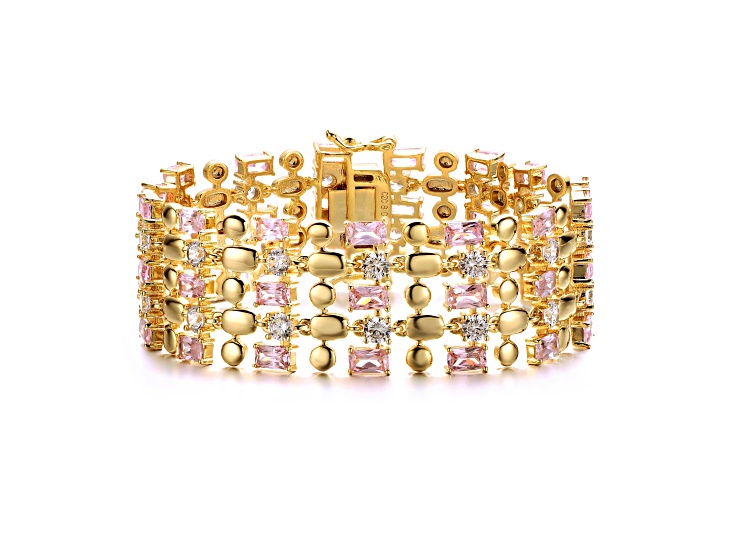 Pink Cubic Zirconia, 14K Gold Plated over Brass Wide Geometric Mesh Link Bracelet