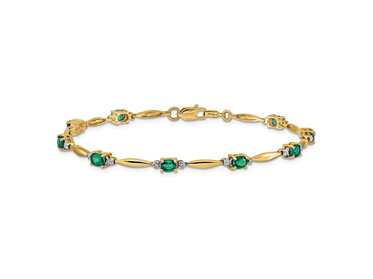 10k Rhodium Over Yellow Gold Diamond and Oval Emerald Bracelet