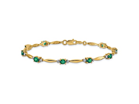 10k Rhodium Over Yellow Gold Diamond and Oval Emerald Bracelet
