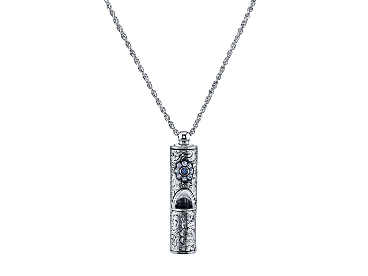 1928 Jewelry Silver Tone Base Metal Antiqued Pewter Whistle with Blue Flower Necklace 28"