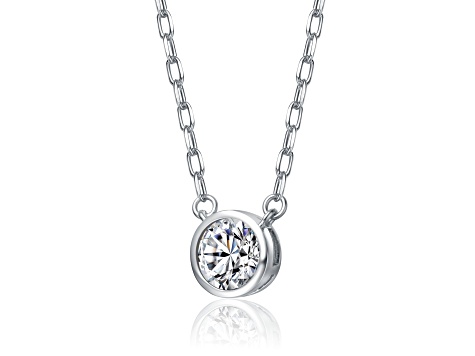 Clear Cubic Zirconia, Rhodium Plated over Brass Round Stud Necklace