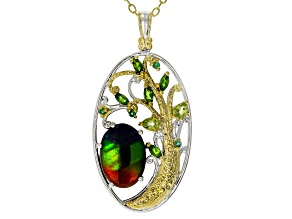 Ammolite and Multi Gemstone Rhodium & 24k Yellow Gold Over Palladium Silver Pendant With Chain
