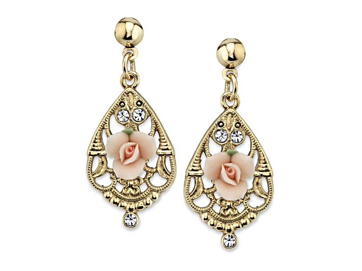 1928 Jewelry Gold-Tone Pink Porcelain Rose Filigree Drop Earrings