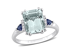 Aquamarine, Blue Sapphire and Diamond 14K White Gold 3-Stone Ring 3.19ctw