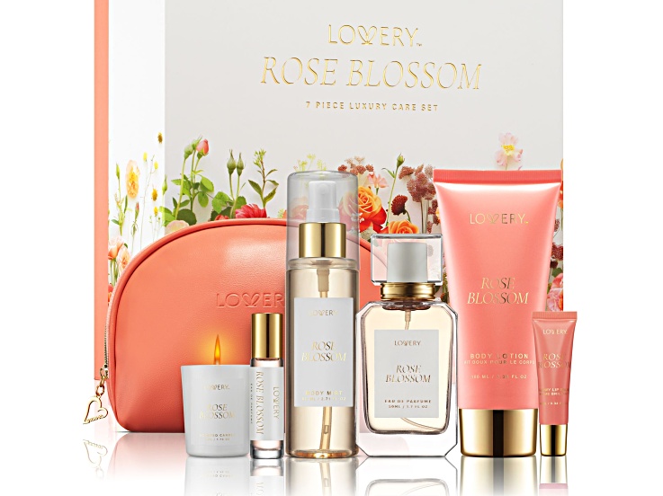 Lovery Rose Blossom Bath and Body Care Set, 7pc. including Travel Cosmetic Bag