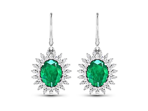 3.06ctw 14K White Gold  Zambian Green Emerald and White Diamond Halo Earrings