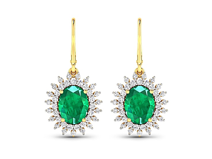 3.06ctw 14K Yellow Gold Zambian Green Emerald and White Diamond Halo Earrings