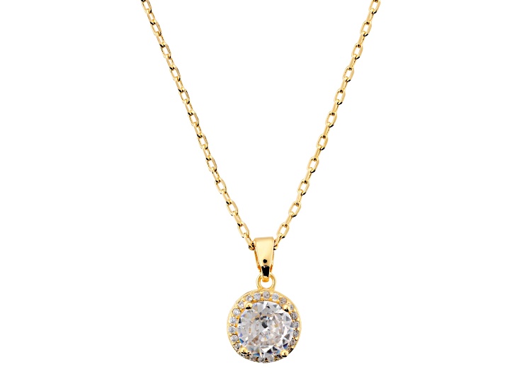Cubic Zirconia, 18K Yellow Gold Plated Over Bronze Round Pendant w/ Necklace, 1.60 carats