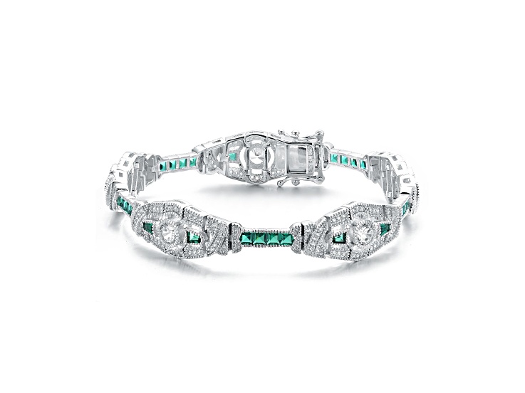 Emerald Green Cubic Zirconia, Rhodium Plated over Sterling Silver Oval Link Bracelet