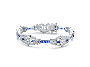 Sapphire Blue Cubic Zirconia, Rhodium Plated over Sterling Silver Oval Link Bracelet