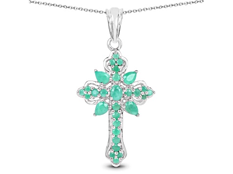Green Emerald Rhodium Over Sterling Silver Cross Pendant with Chain