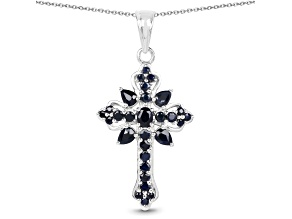 Blue Sapphire Rhodium Over Sterling Silver Cross Pendant with Chain