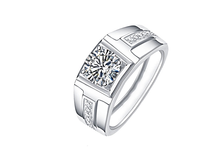 Clear Cubic Zirconia, Rhodium Plated over Brass Side CZ Accents Geometric Adjustable Band Ring
