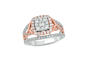 10K Two-Tone White and Rose Gold White Diamond Cushion-Shaped Halo Engagement Ring 1ctw
