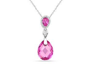 Lab Created Pink Sapphire Checkerboard Pear Shaped Rhodium Over Sterling Silver Teardrop Necklace