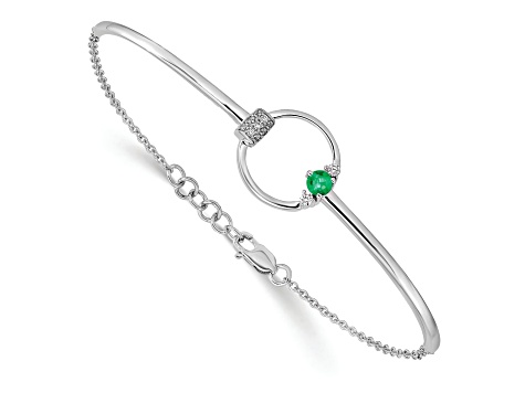 Rhodium Over 14k White Gold Diamond and Lab Created Emerald Circle Bracelet